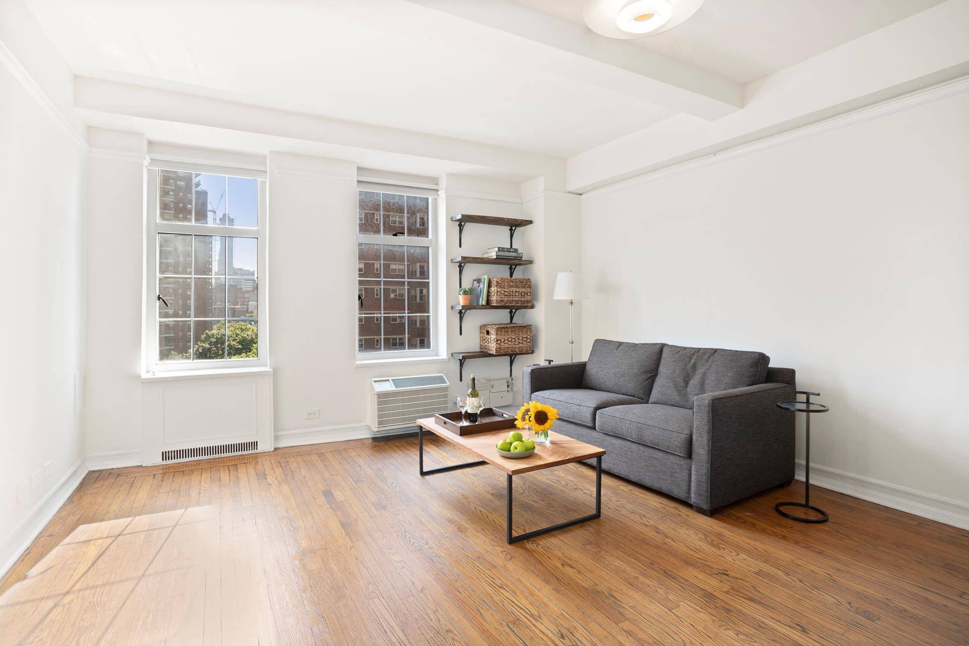Move right in to this bright, comfortable pre war studio with stunning Eastern facing exposures to full grown trees and views of iconic Manhattan skyscrapers.