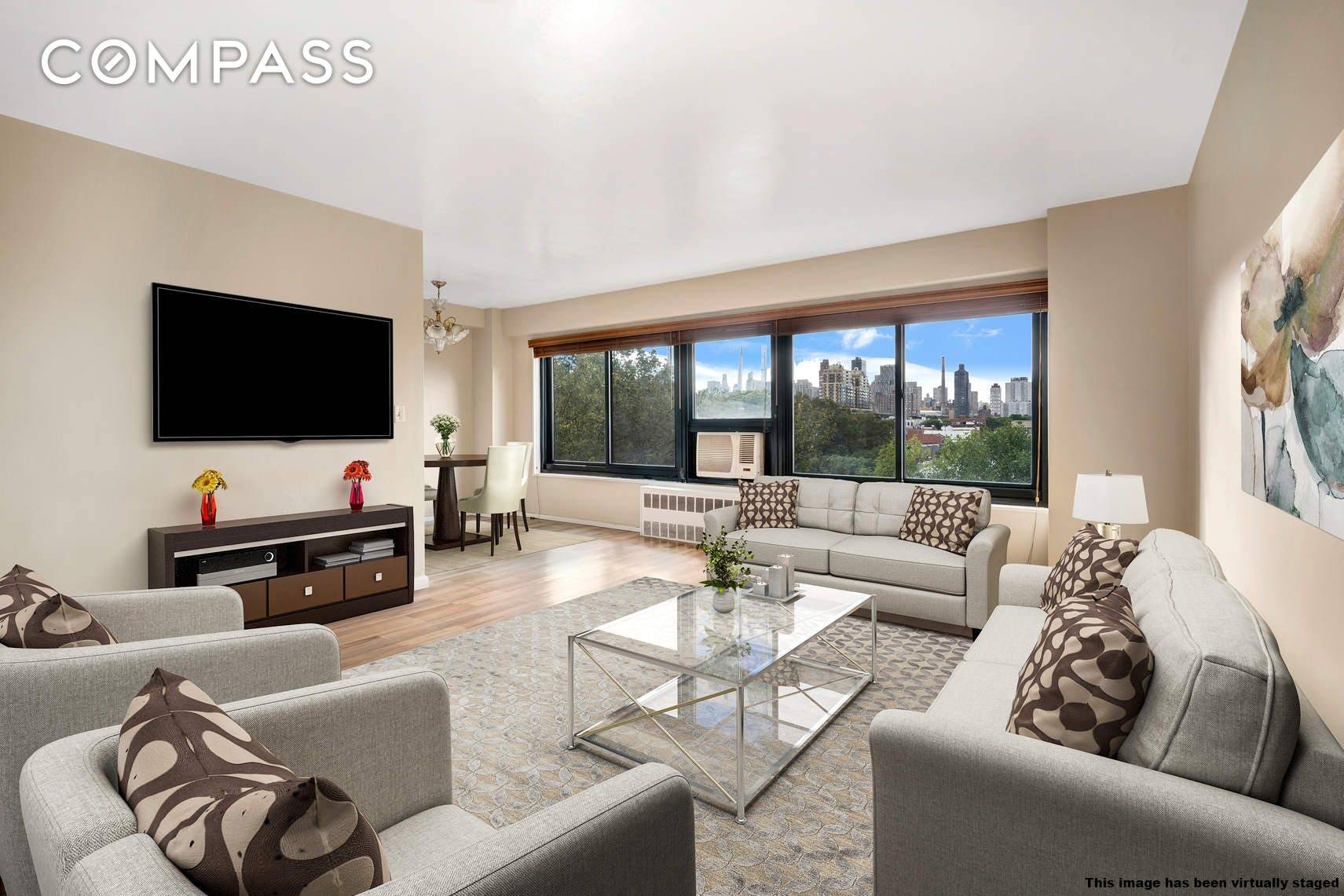 Gorgeous Manhattan skyline views welcome you when you enter this two bedroom co op.