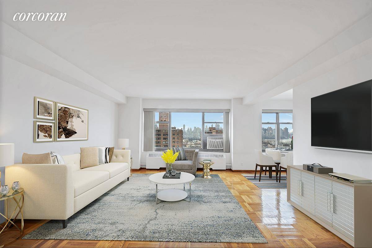 Inspiring 2BR home perched on the 14th floor with striking 180 degree views of Manhattan and East River !