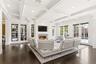 Den | Gas Fireplace | Hardwood Floors |Coffered Ceiling | French Doors