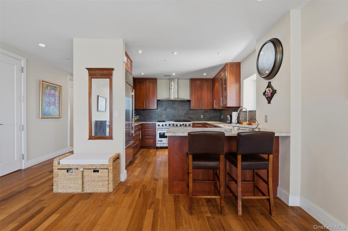 Modern kitchen featuring wood-finish flooring, recessed lighting, and stainless steel appliances