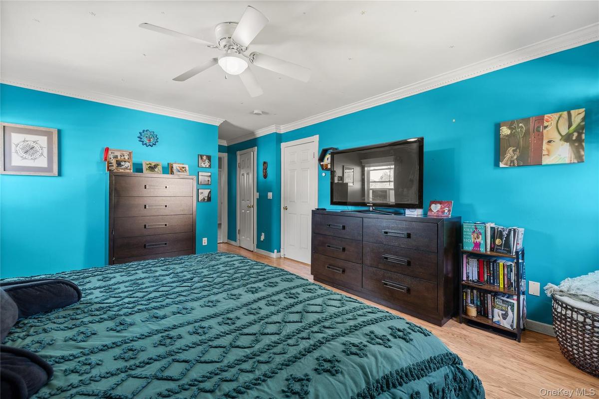 Spacious room featuring wood-finish flooring, a ceiling fan, crown molding, and two white paneled doors