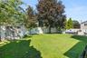 Expansive backyard with a manicured lawn, established trees, privacy fencing, a storage shed, and a paved patio area