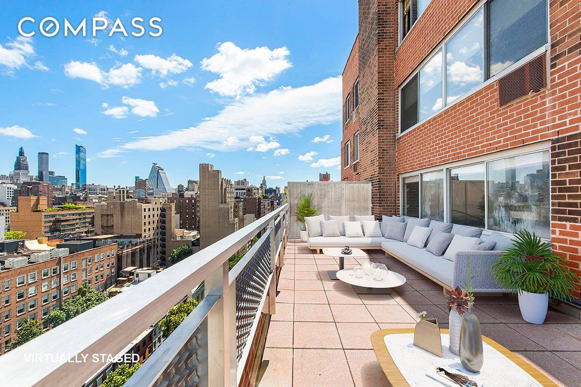 Dreamy outdoor terrace commanding spectacular views of the West Village and the Hudson River.