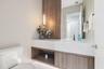 Powder Room. Removed the entire powder room and replaced with custom build. Floating cabinet, feature wall w panel, mirror and light strips.