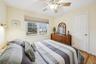 Bedroom with light wood-style floors, multiple windows, and ceiling fan