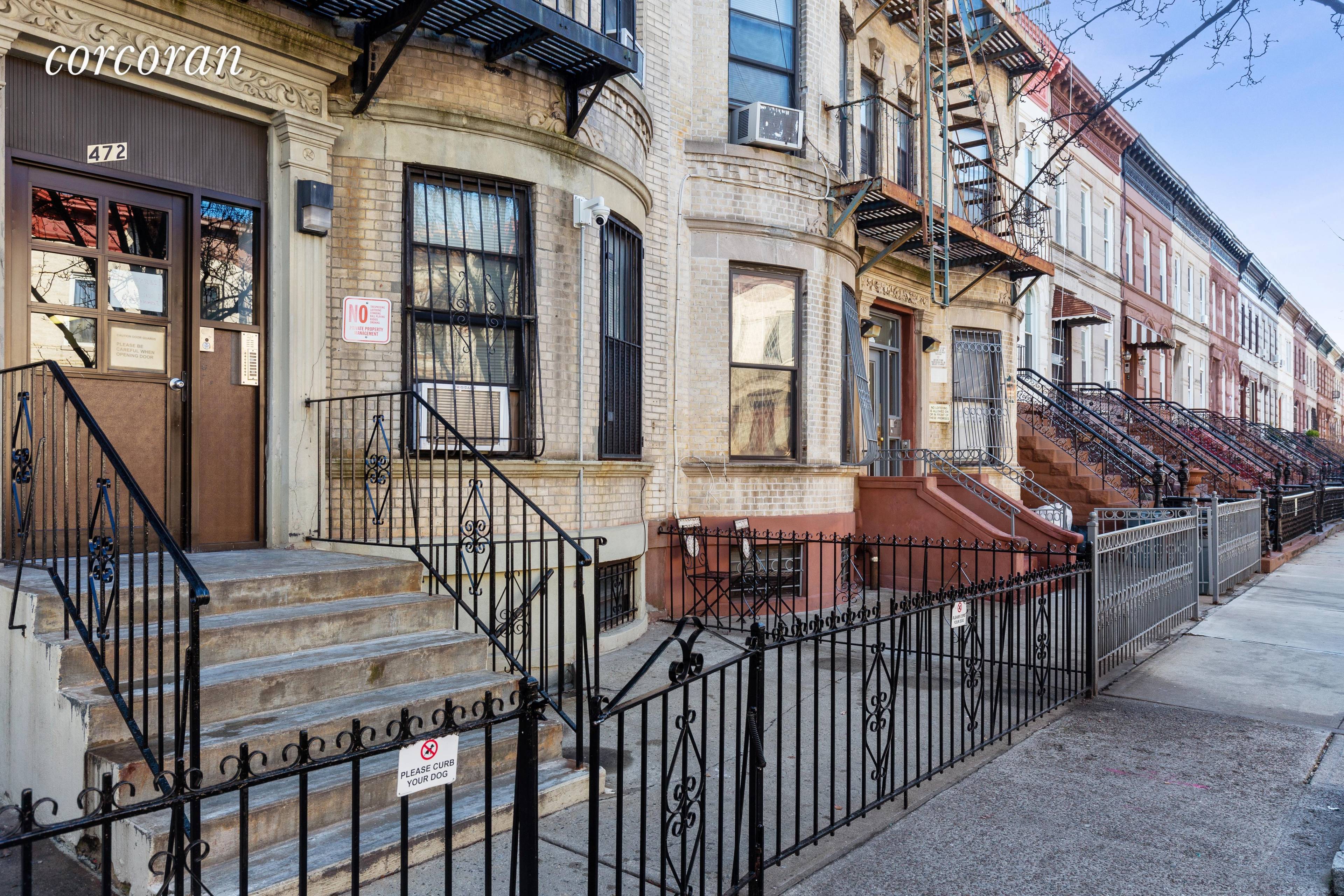 This charming 2 bedroom, 1 bath condo nested on a beautiful tree lined brownstone block is simply a gem.