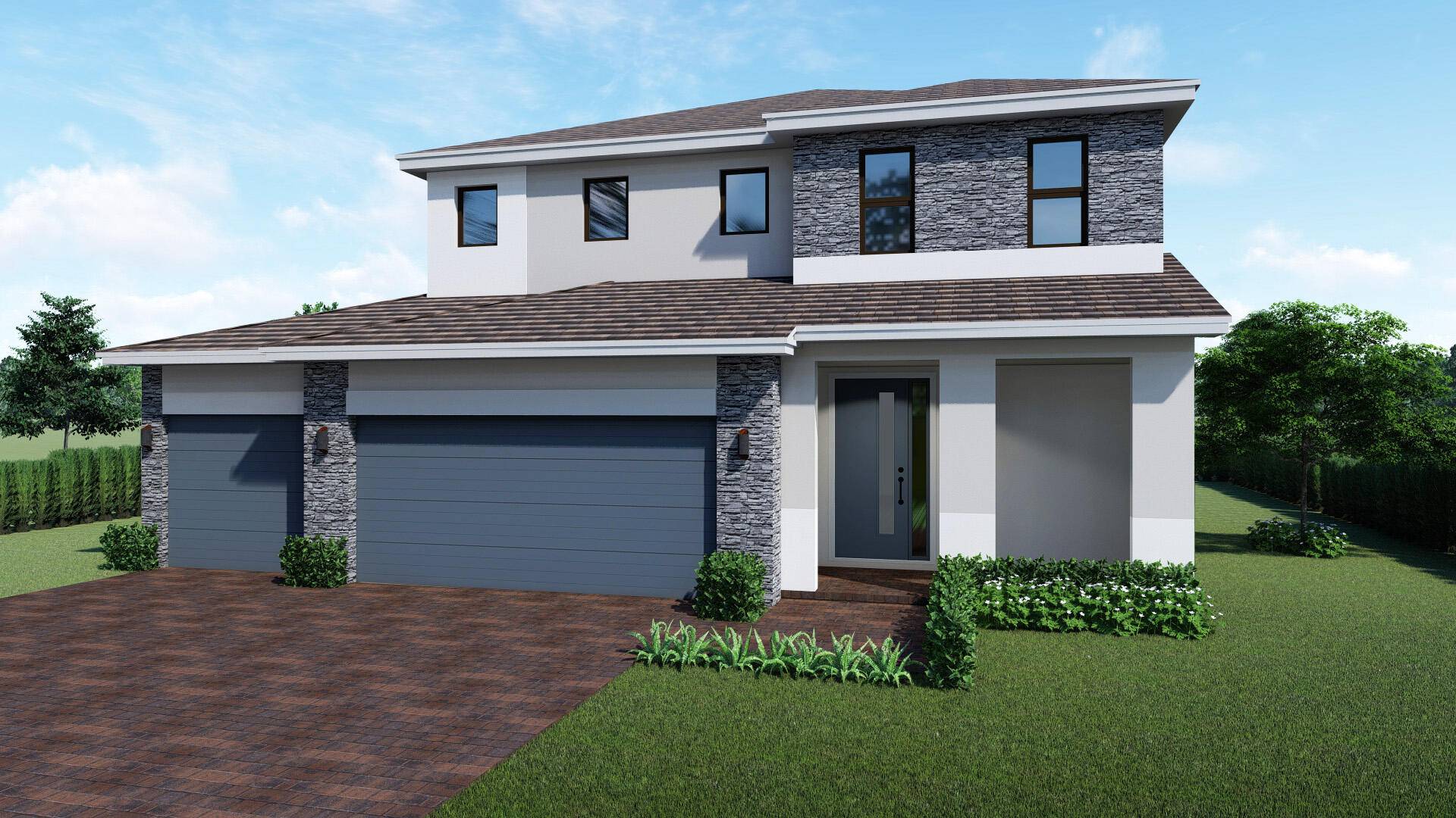 Stunning 2 story single family home with contemporary style stone accents on front.