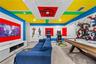Avengers themed arcade game room with arcade games, pool table, smart TV