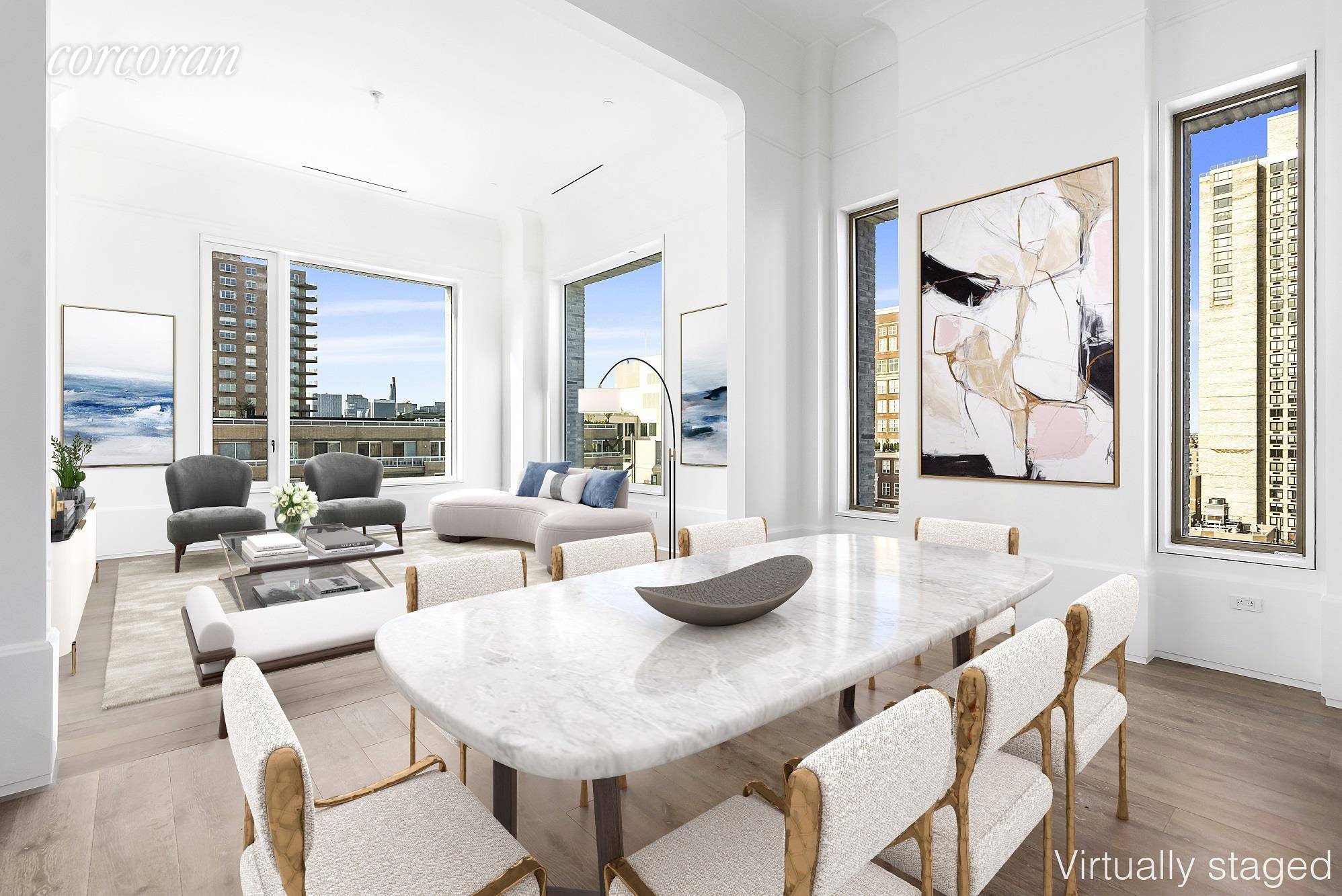 Residence 18B is a spectacular corner four bedroom, three and a half baths home with soaring 14 foot ceilings, and views to the North, West, and South.