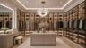 Custom-designed walk-in closet featuring boutique-style illuminated cabinetry, glass-front storage, a center island, and a dedicated vanity for a refi