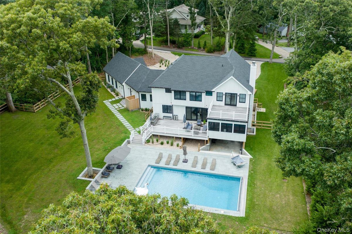 View from above of property featuring a pool