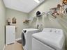 Convenient bedroom level laundry with storage shelving.