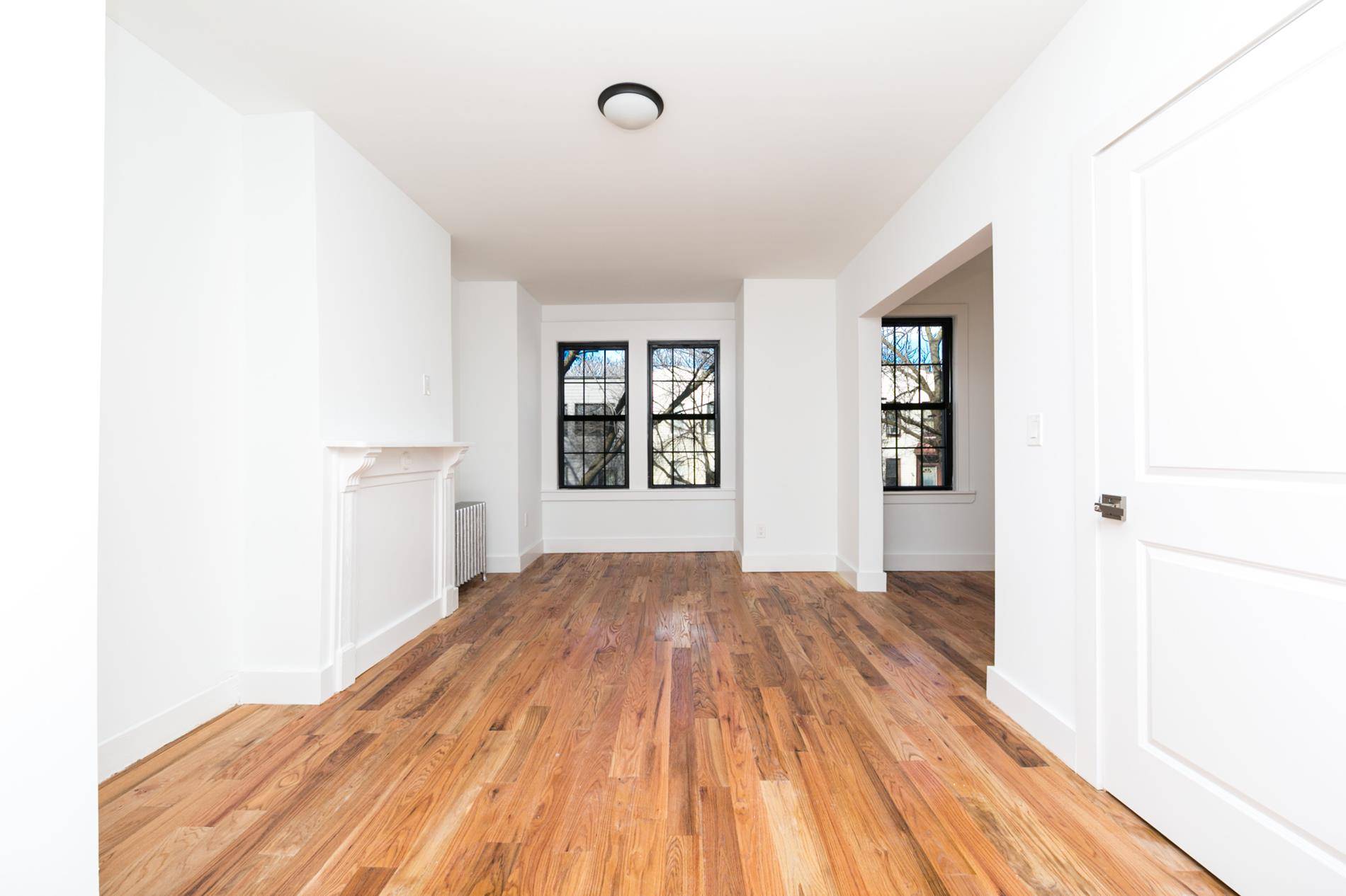 Now renting this fully renovated second floor 3 bedroom 1 bathroom apartment on a quiet tree lined street in Bushwick Brooklyn.