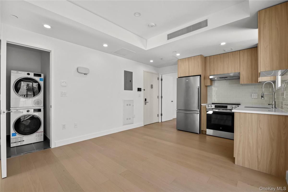 Kitchen featuring modern cabinets, stainless steel appliances, recessed lighting, light wood finished floors, and tasteful backsplash