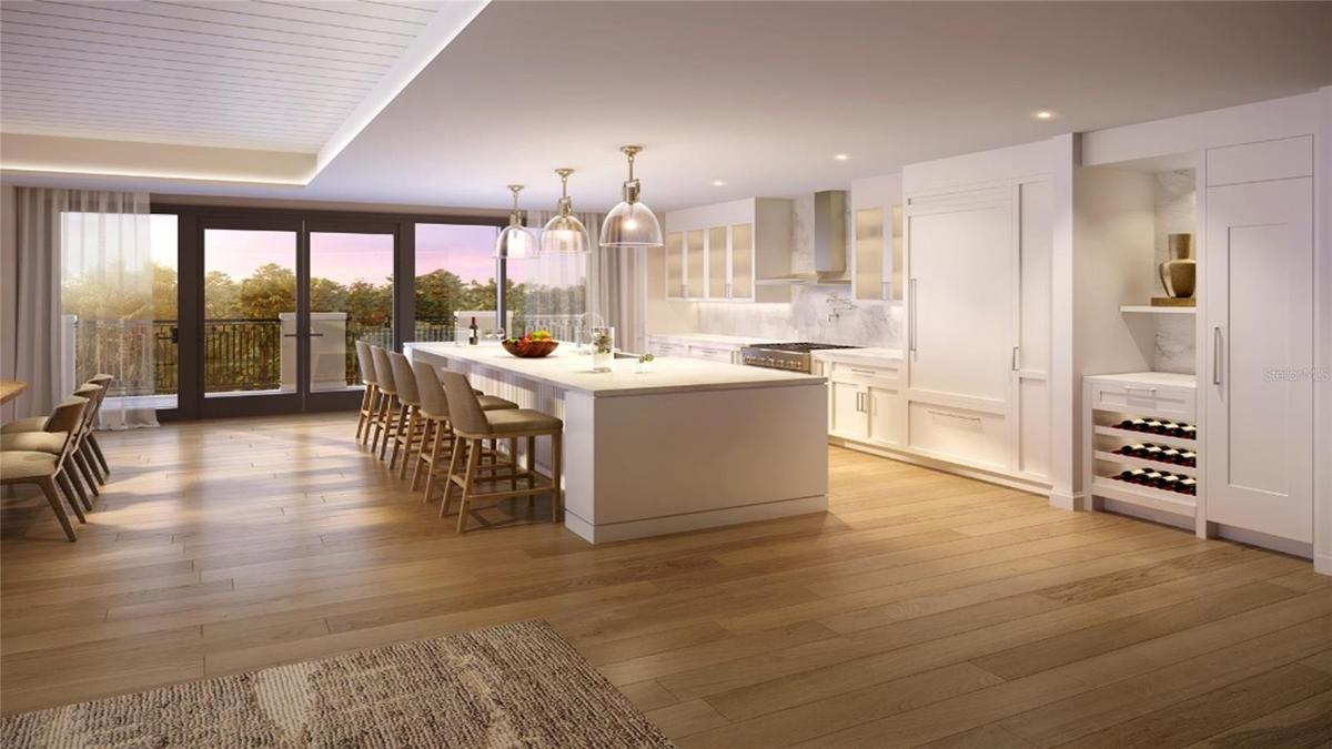 Artist Rendering. Custom frameless contemporary wood cabinetry with full-extension drawer glides, soft-close drawer and doors, complemented by under-c