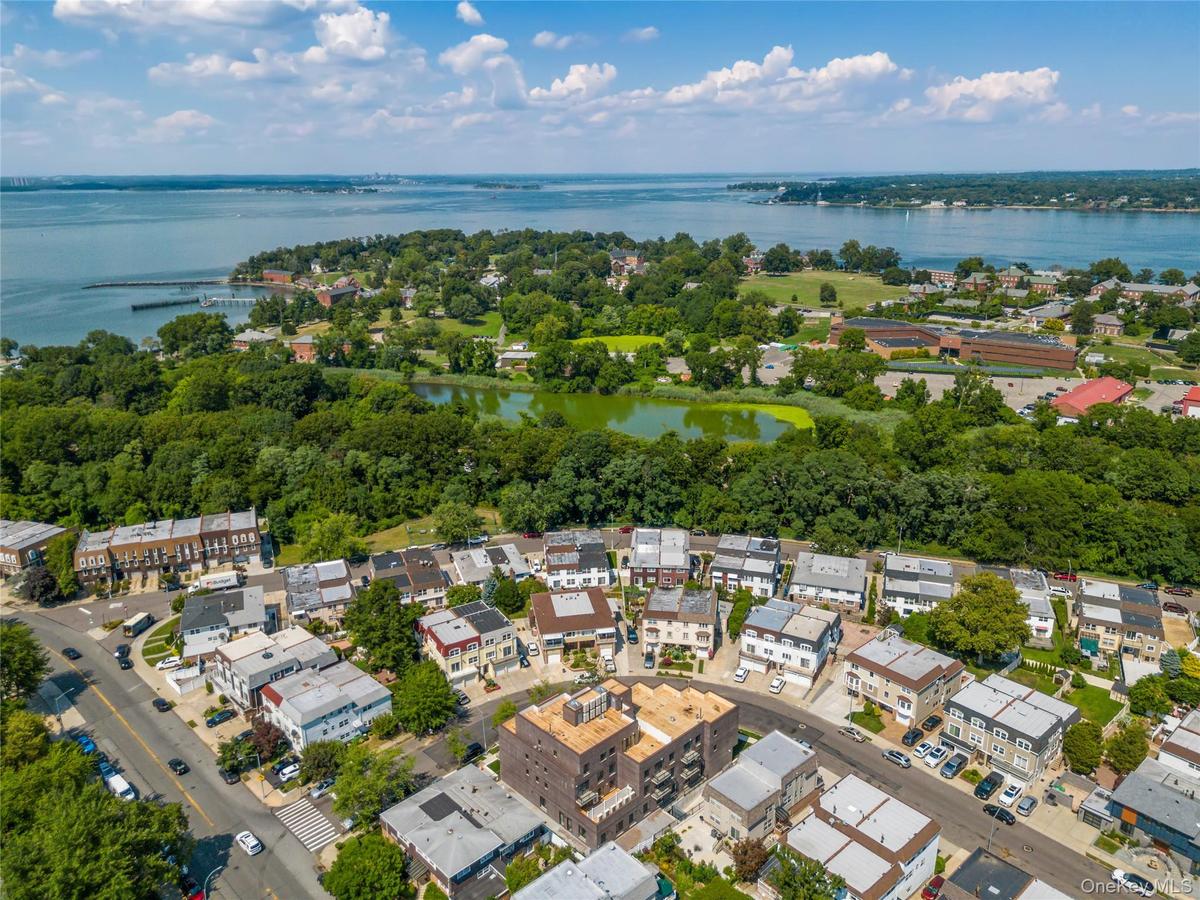Aerial perspective of suburban area featuring a large body of water and a tree filled landscape