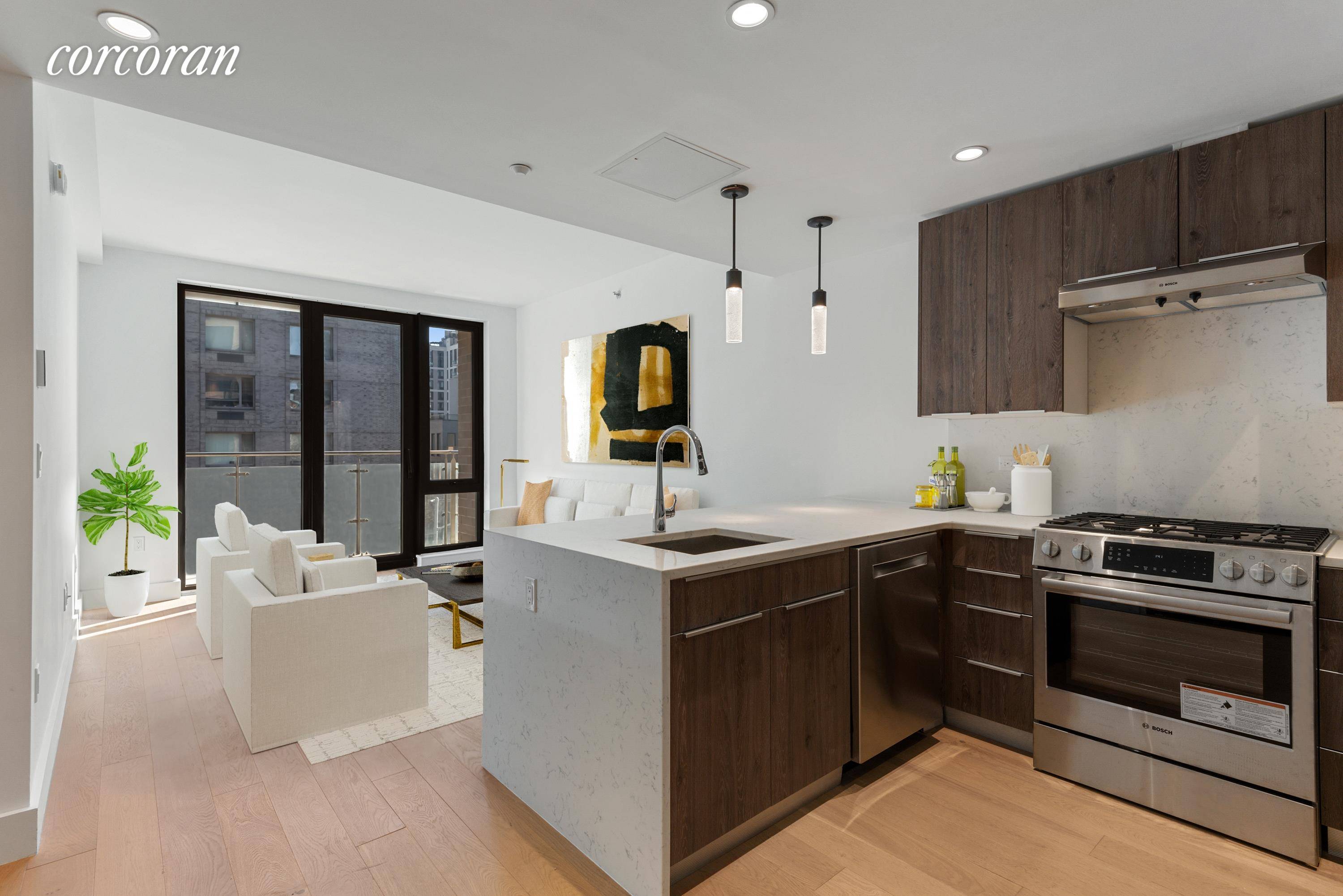 Residence 3E at The Bond, Long Island City, is a coveted east facing one bedroom, one bath unit with 620 interior square feet and a large balcony.