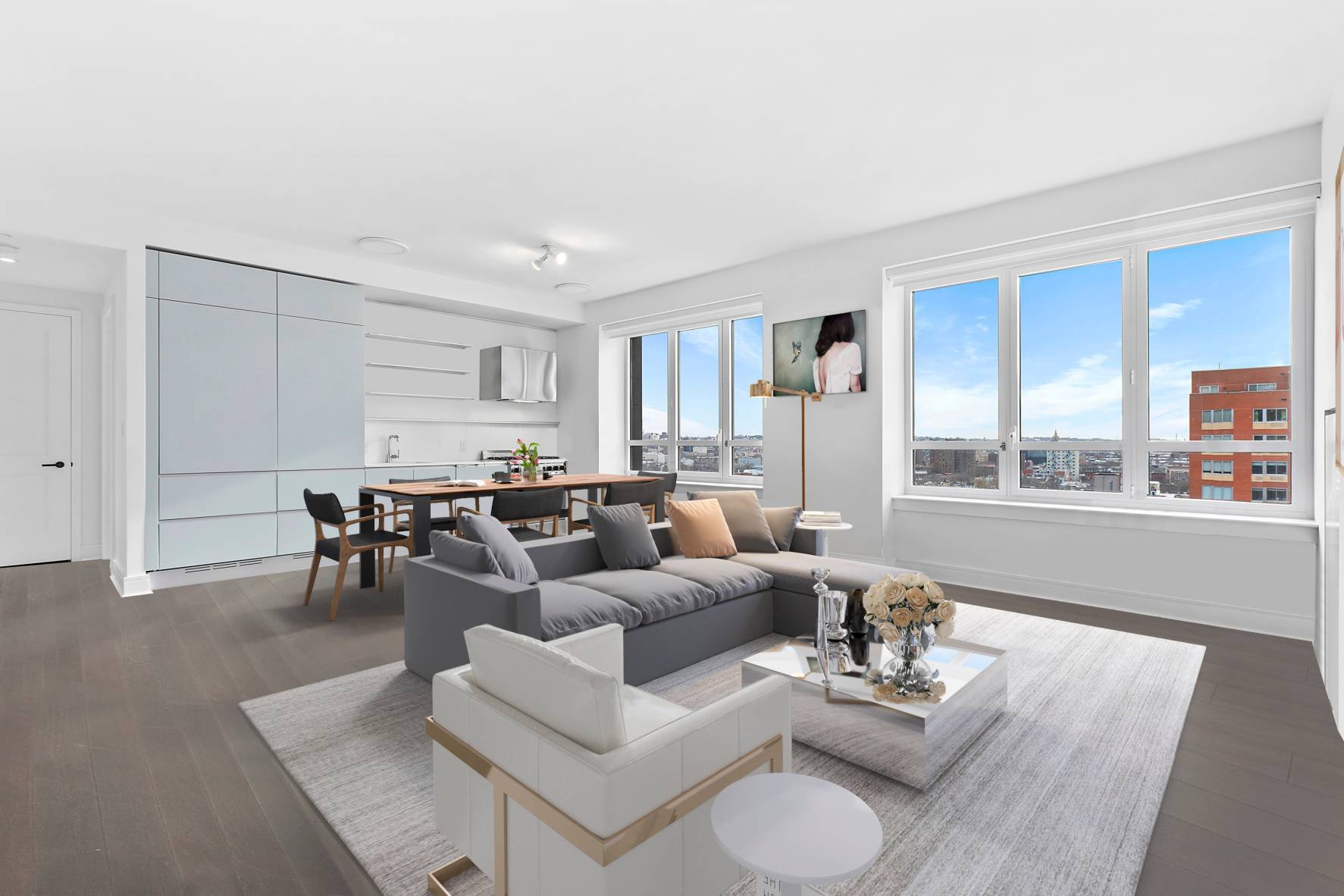Residence 1111 is an oversized two bedroom, two bathroom home boasting an intelligent layout and protected southern views of Boerum Hill from both bedrooms and the living dining area.