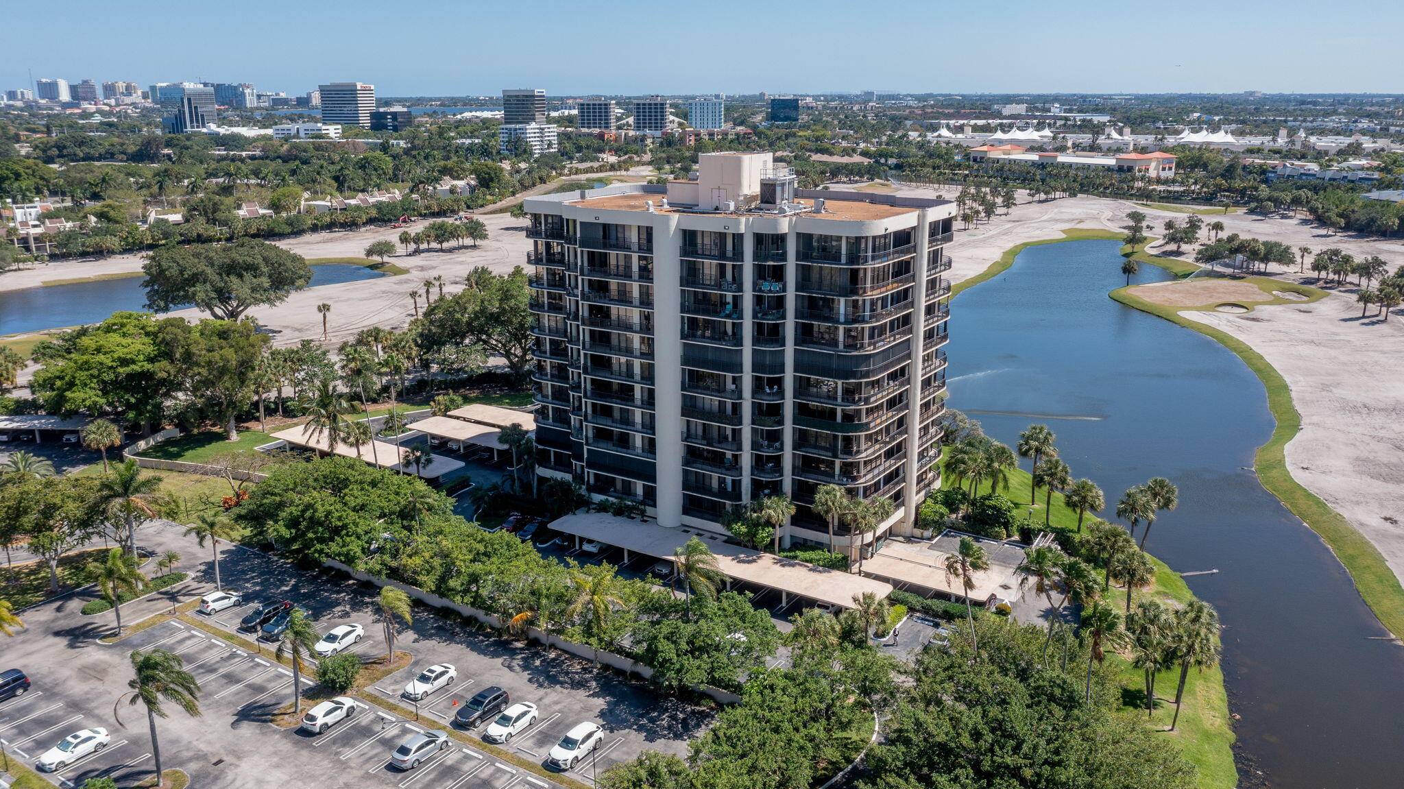 Beautiful panoramic golf and city views from this large 2BR 2BA corner condo with a balcony that wraps around the entire unit !