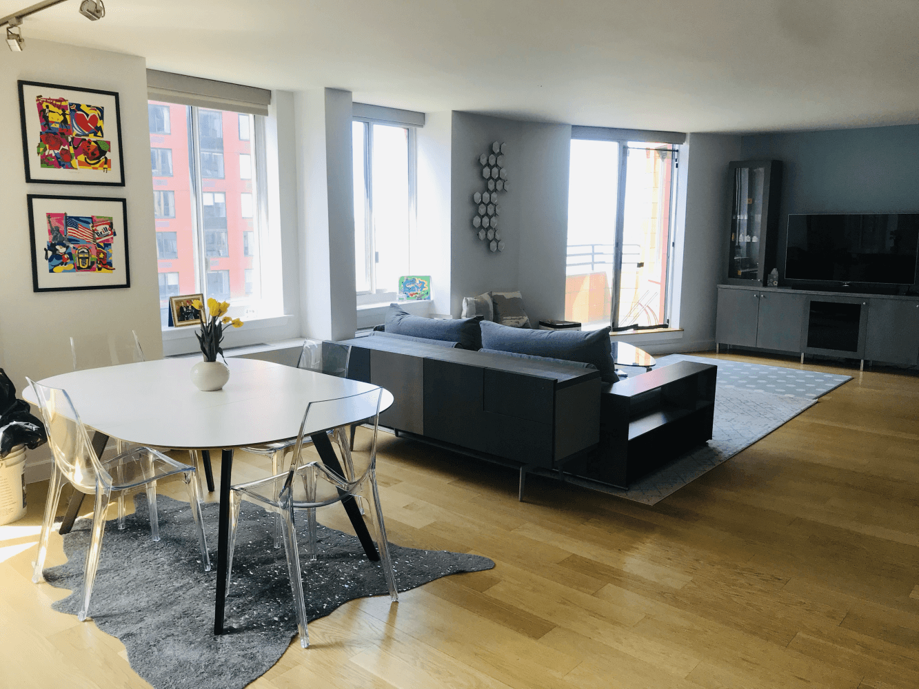 Large South facing spacious layout unit with Hudson River view, separate home office area, 2 private balconies, washer and dryer inside the apartment.