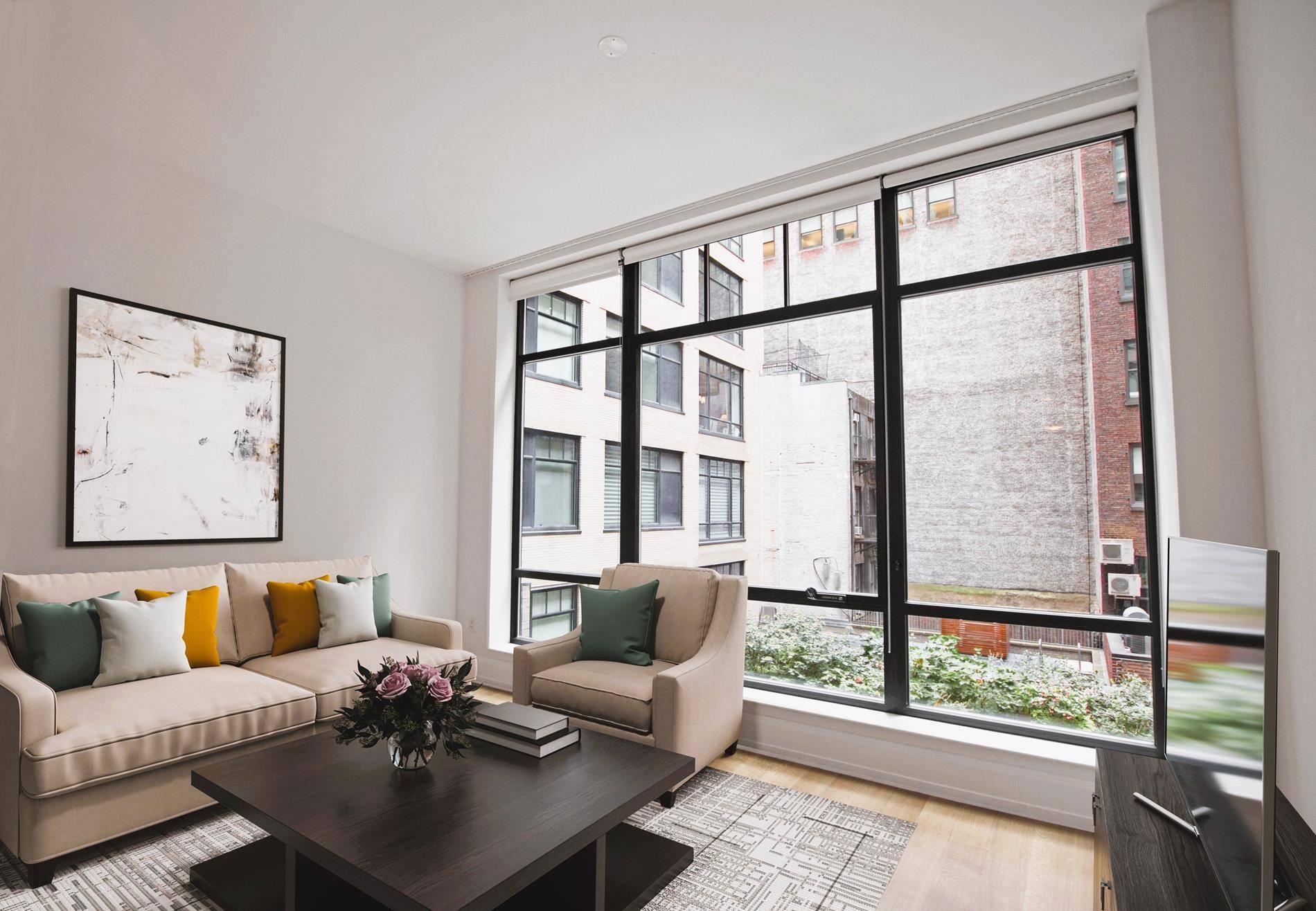 This stunning and gracious 1 bedroom 1 bathroom home with high 11 foot ceilings has a magnificent garden view from oversized floor to ceiling windows.