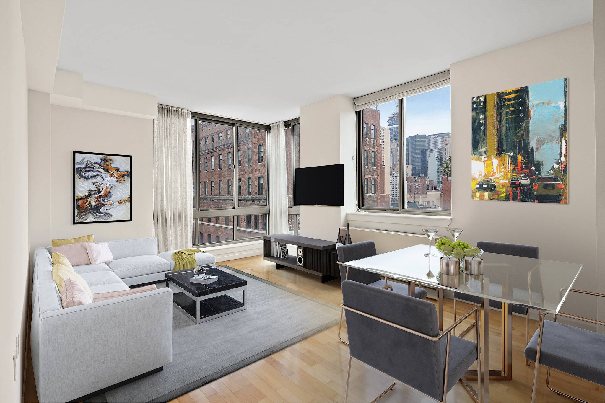 Apt. 9A at The Sycamore is an exceptional split two bedroom condominium rental with North, East, and West exposures, plus Empire State, Chrysler, and MetLife Building views !