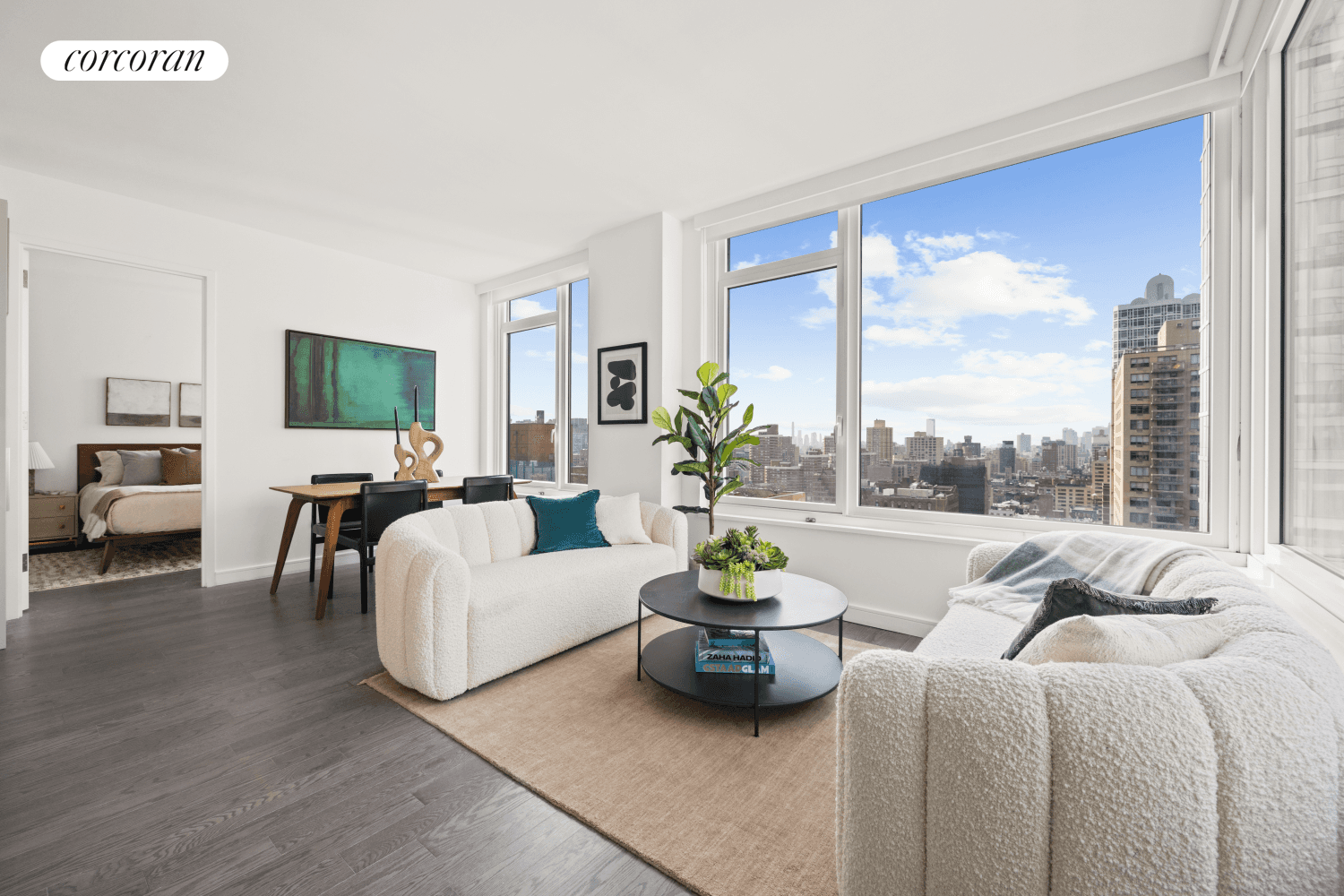 Welcome to Residence D, a corner unit two bedroom two bathroom with an expansive private terrace featuring unobstructed southwest facing downtown and Empire State views.