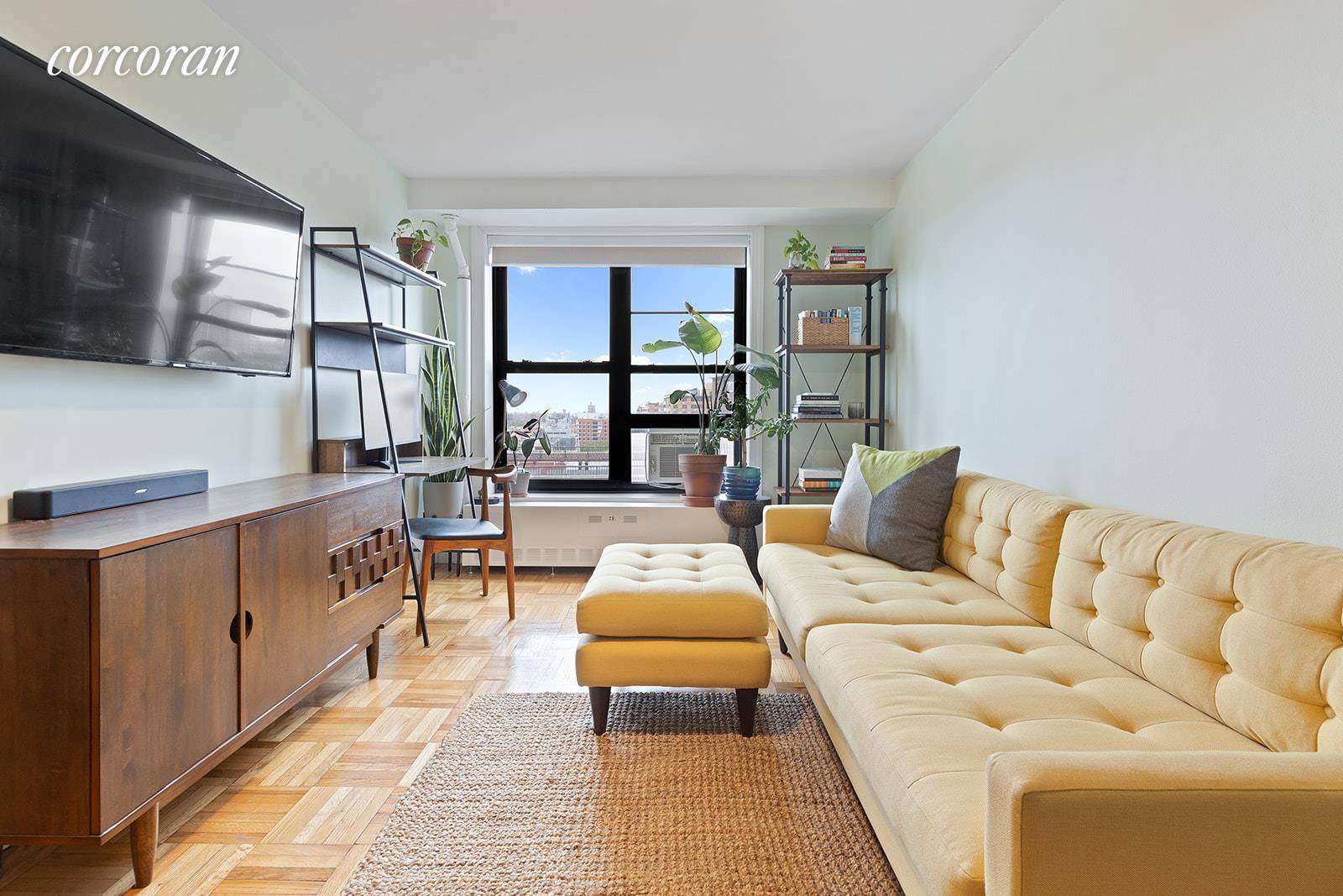 Come home to a bright and quiet top floor one bedroom floating above Brooklyn, with Views of Manhattan from five oversized windows.