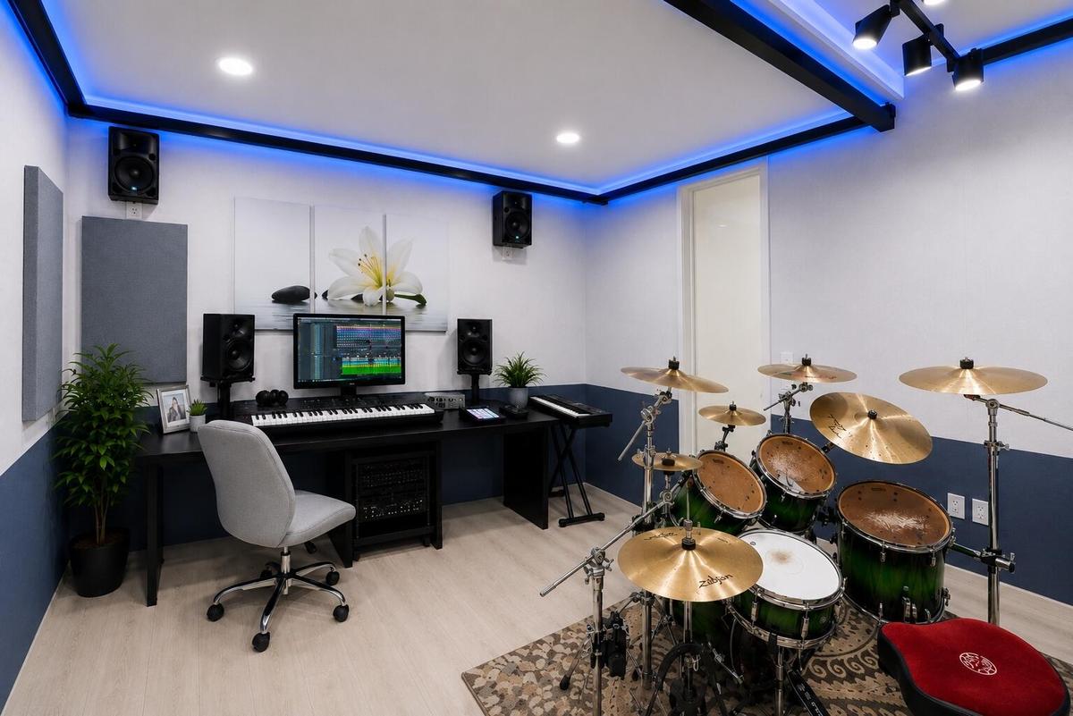 Professional Music Studio. All walls wrapped in custom acoustic panels. Acousitcal drop ceiling. Designed specifically for optimal sound in this parti