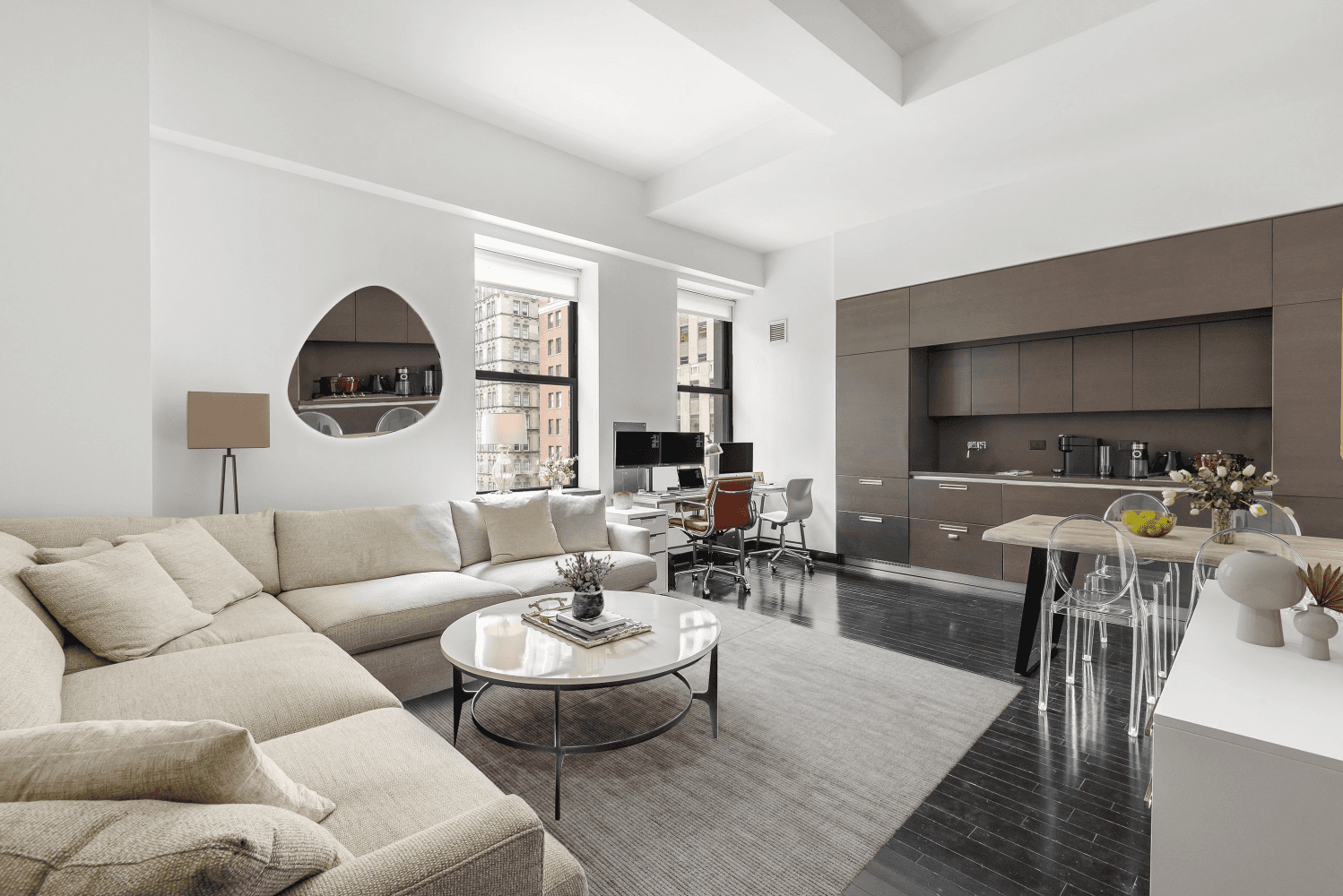 Introducing luxury living at 20 Pine Street 1019, a sophisticated one bedroom apartment boasting impressive 12 foot ceilings and a serene eastern exposure offering expansive views of Chase Plaza.
