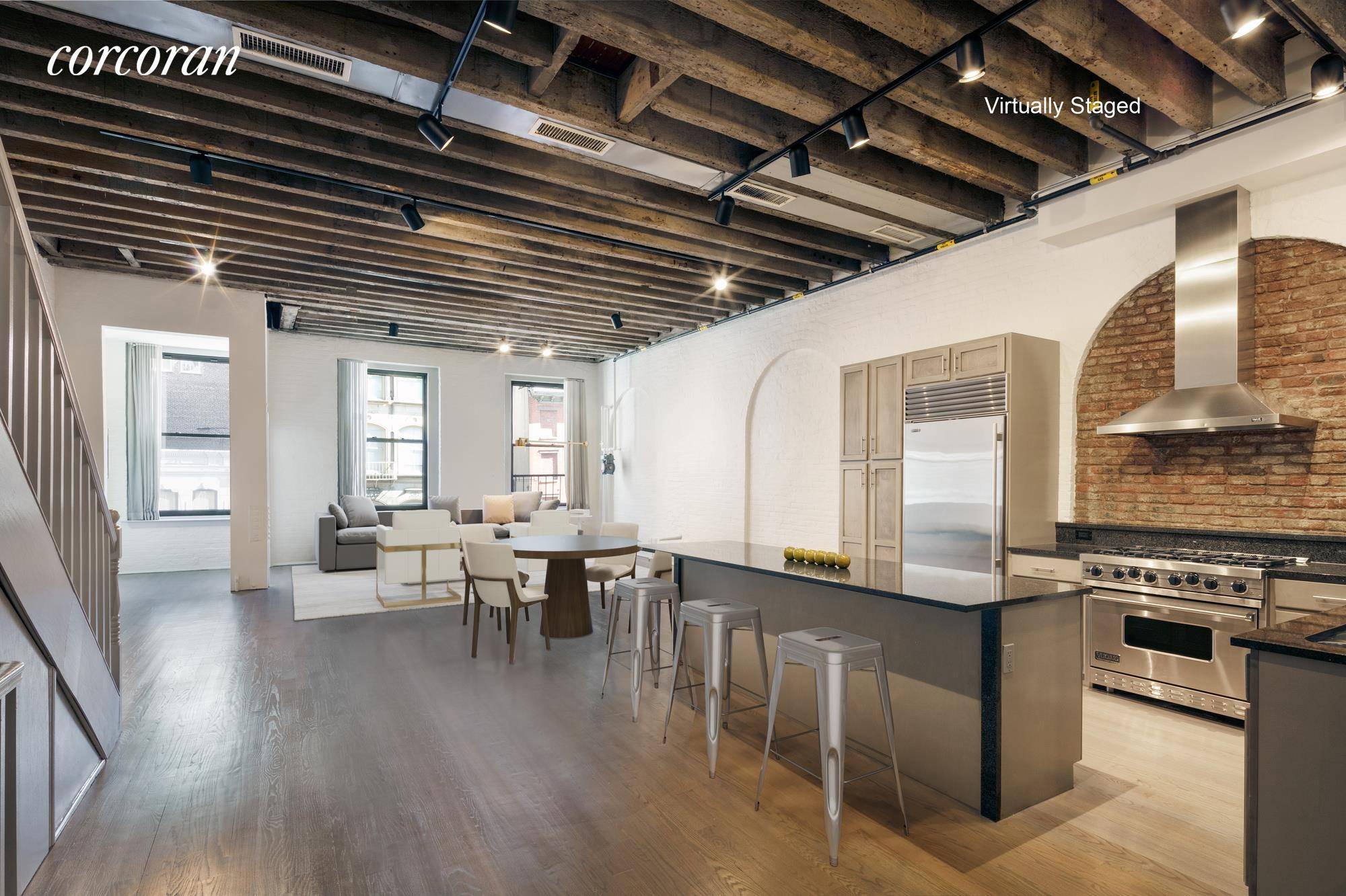 The sights and sounds of Tribeca unfold at your feet in this beautifully renovated, ultra private duplex loft home topped by a 400 square foot private roof deck.