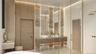 The spa-inspired bath features a steam shower, freestanding soaking tub, and illuminated stone detailing. Warm wood millwork and integrated lighting e