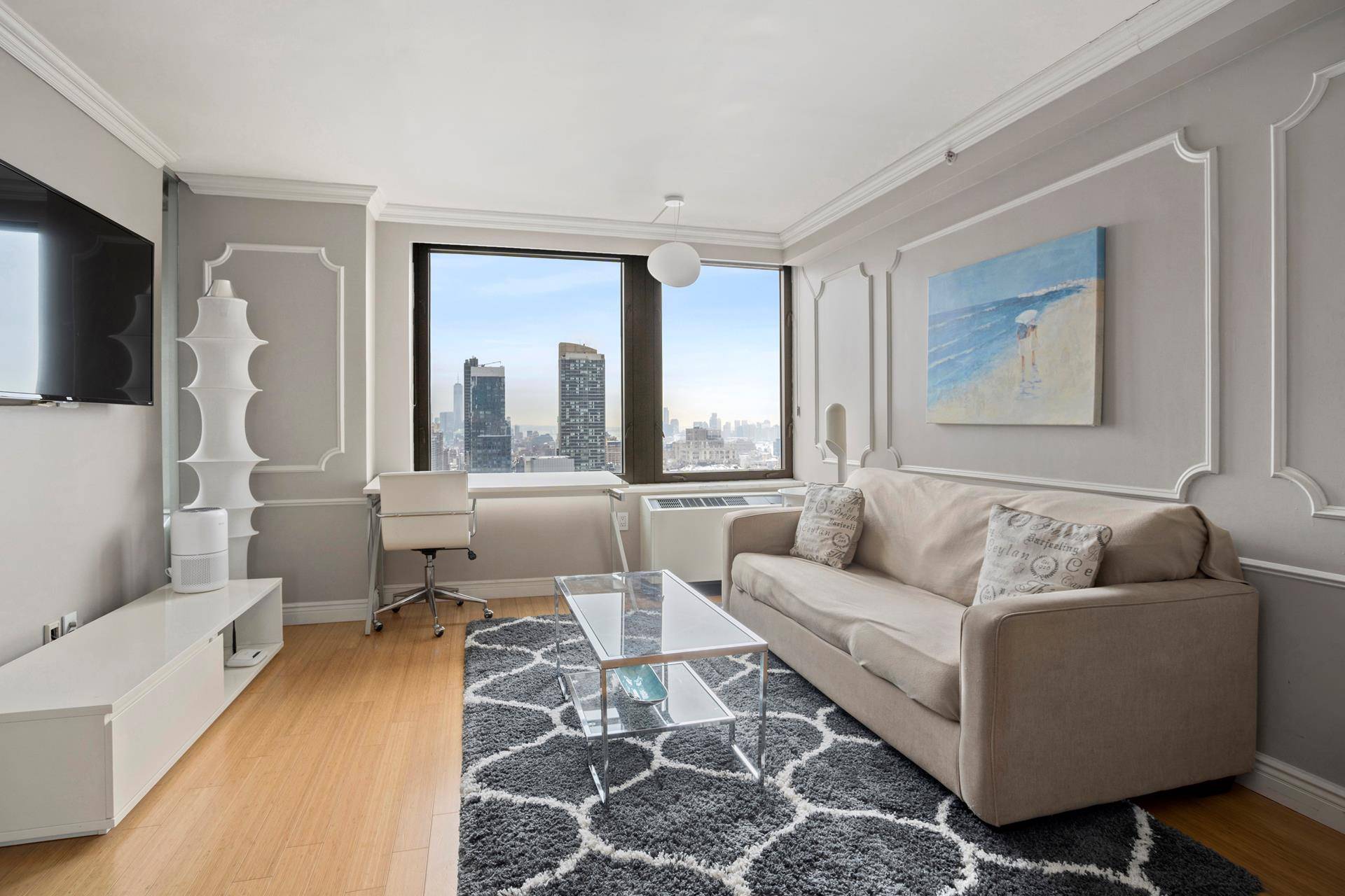 This FULLY FURNISHED one bedroom perched on 43 floor with breathtaking view is right below the Penthouse floor in Bryant Park Tower.
