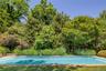 In-ground swimming pool with a stone coping border, surrounded by mature trees and lush landscaping