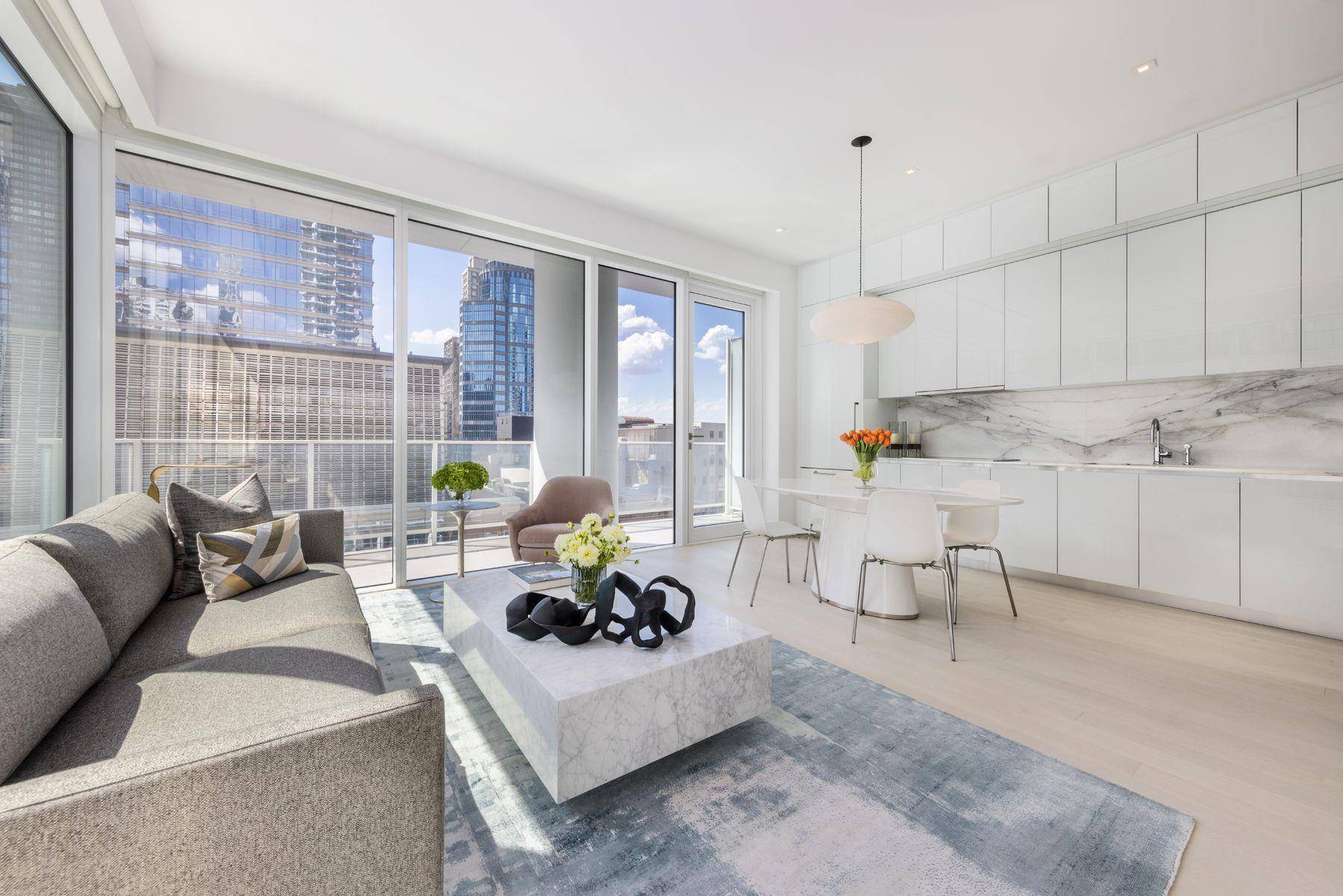 This spectacular 835 square foot one bedroom, one and a half bath light filled corner residence features 22 linear feet of terrace space with exposures to the south and west.