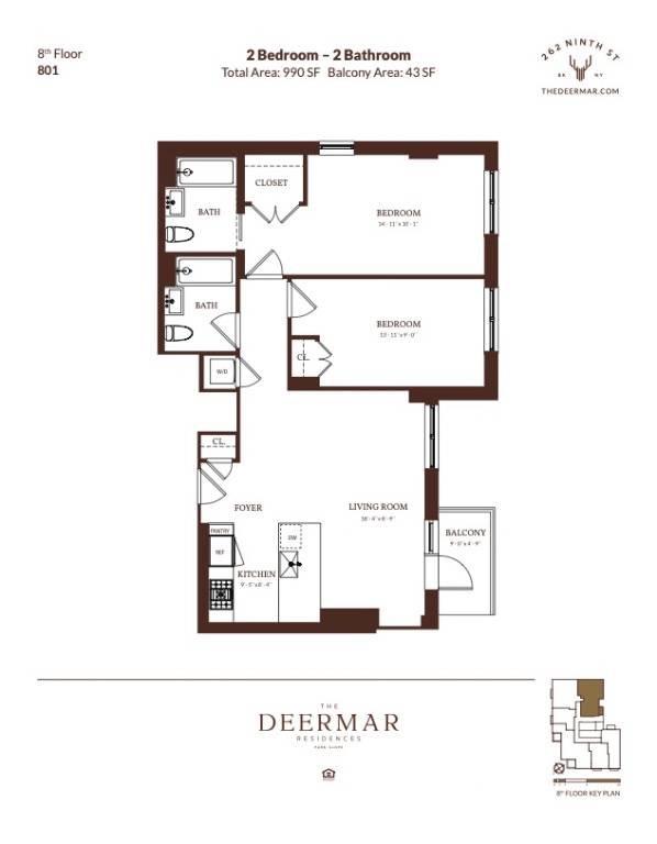 Two bedroom two bathroom apartment in full service new development Park Slope building.