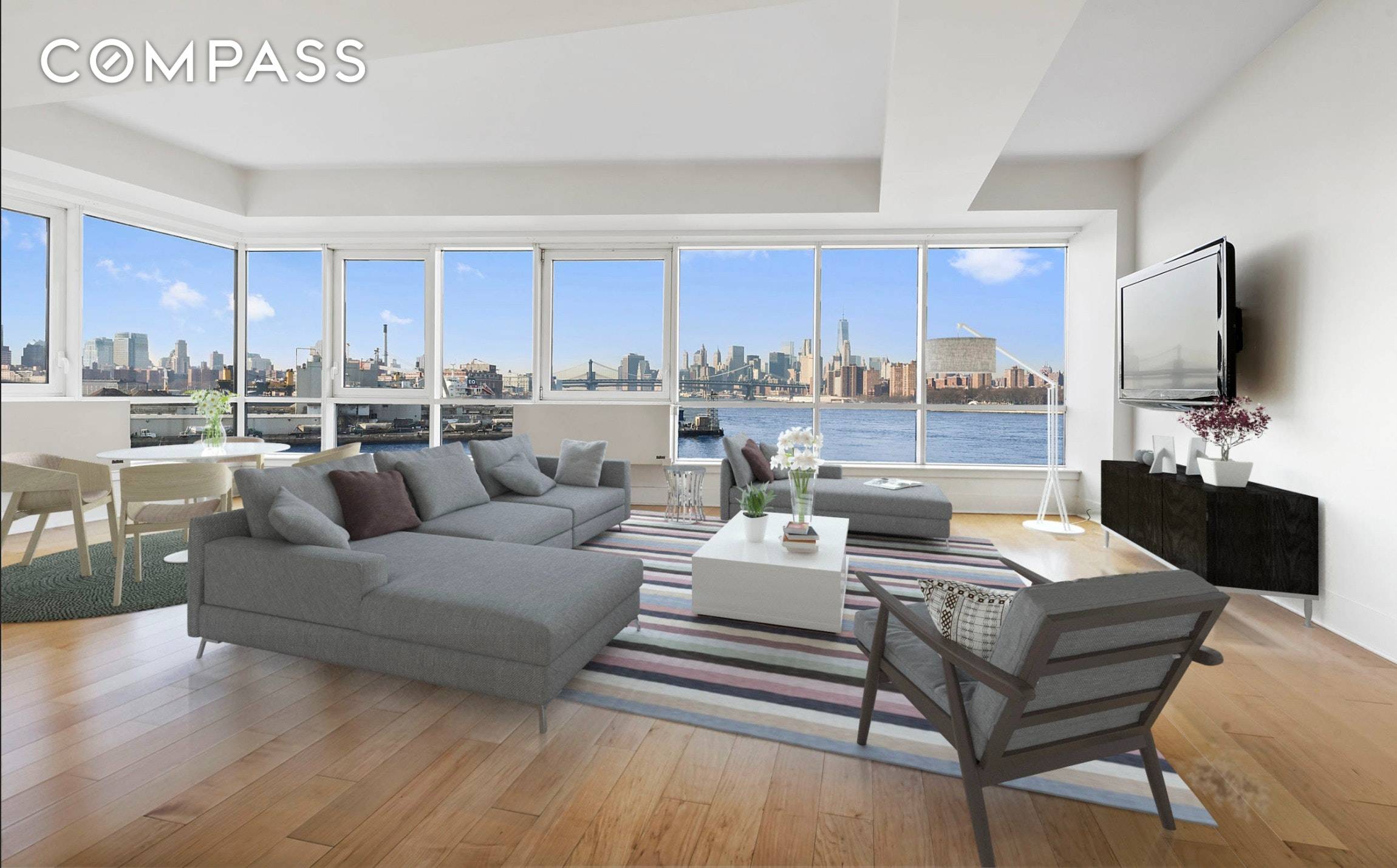 Revel in unobstructed Manhattan skyline and river views from the moment you enter this dramatic loft like corner two bedroom, two bathroom on the Williamsburg waterfront.