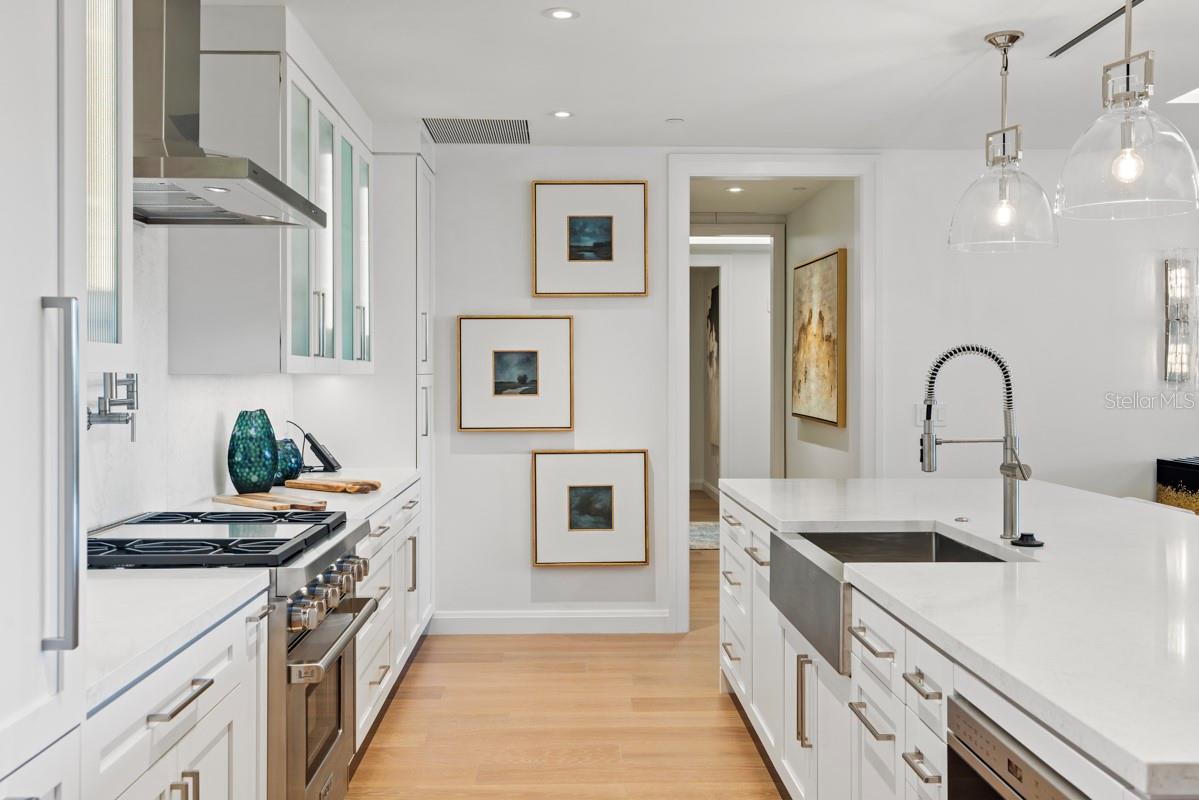 Custom frameless contemporary wood cabinetry with full-extension drawer glides, soft-close drawer and doors, complemented by under-cabinet lighting.