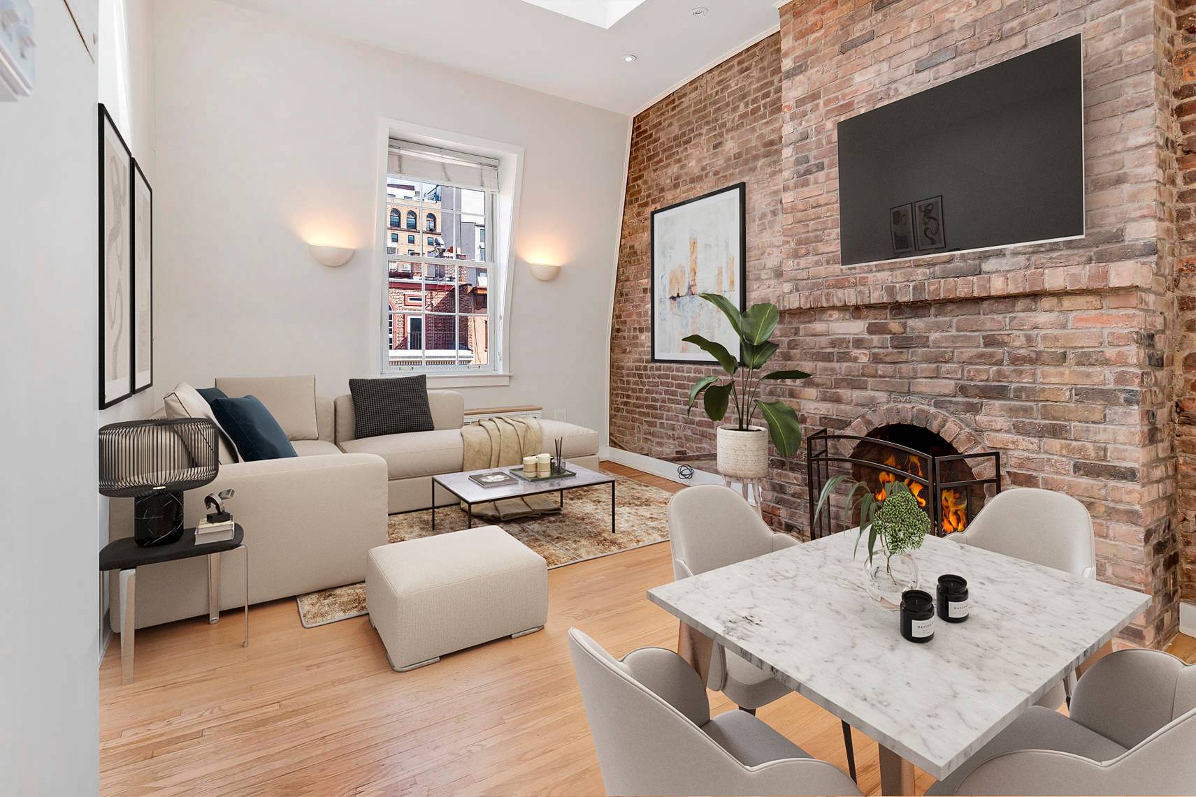 Skylights WB Fireplace Stunning Renovation This rare beauty is perched on the top floor of a Chelsea brownstone, offering soaring 16 foot ceilings and magnificent skylights in the living room ...