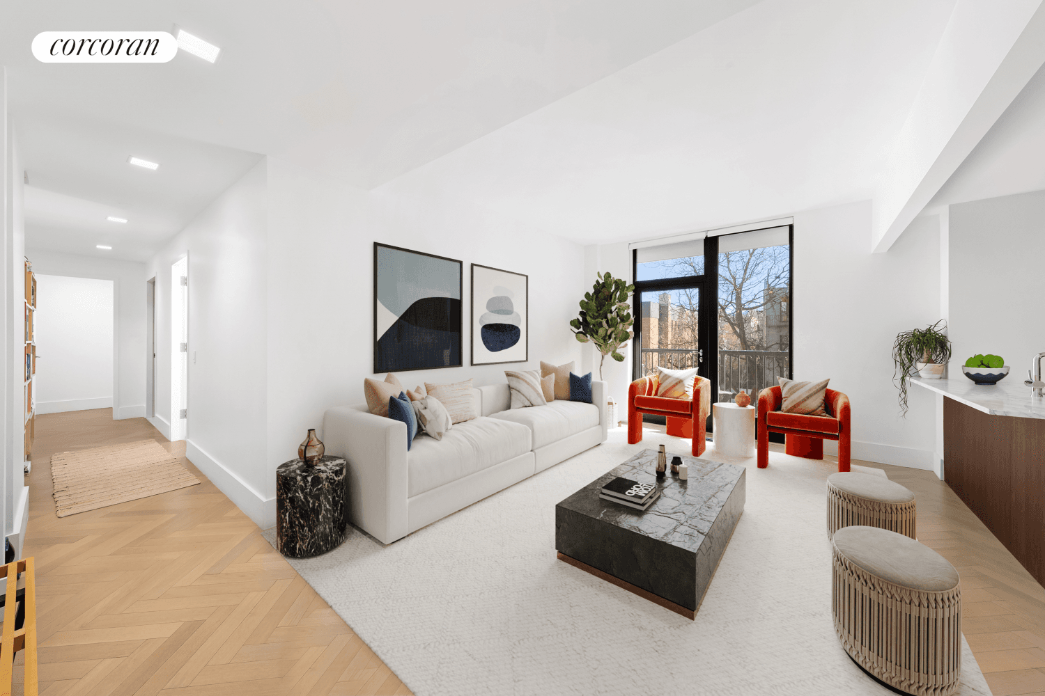 Residence 4D is a modern, bright two bedroom, two bathroom home with private outdoor space, located in a rare full service condo in the vibrant East Village.