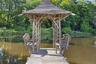 A hand-crafted pond pavilion overlooking the spring-fed pond, offering a secluded place to relax and take in the landscape