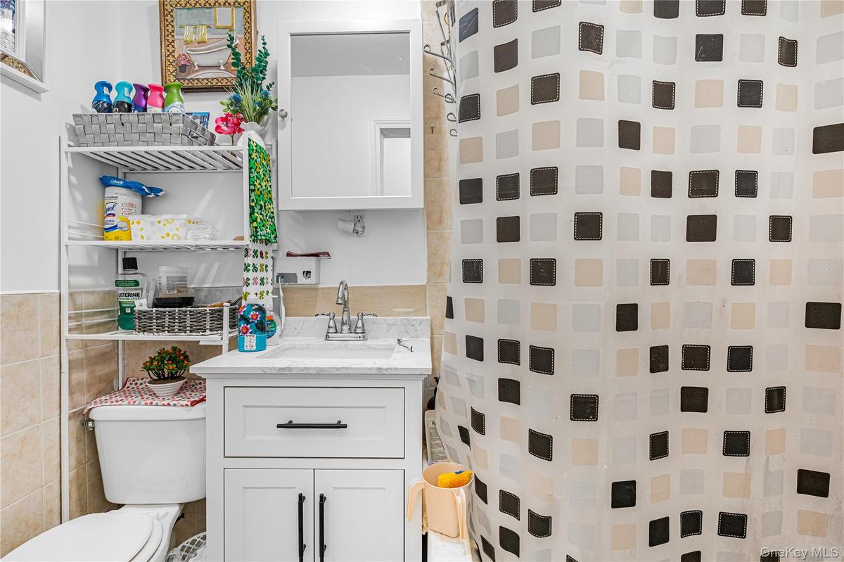 Bathroom featuring a white vanity with paneling and dark hardware, a stone-finish countertop, and a chrome-finish faucet