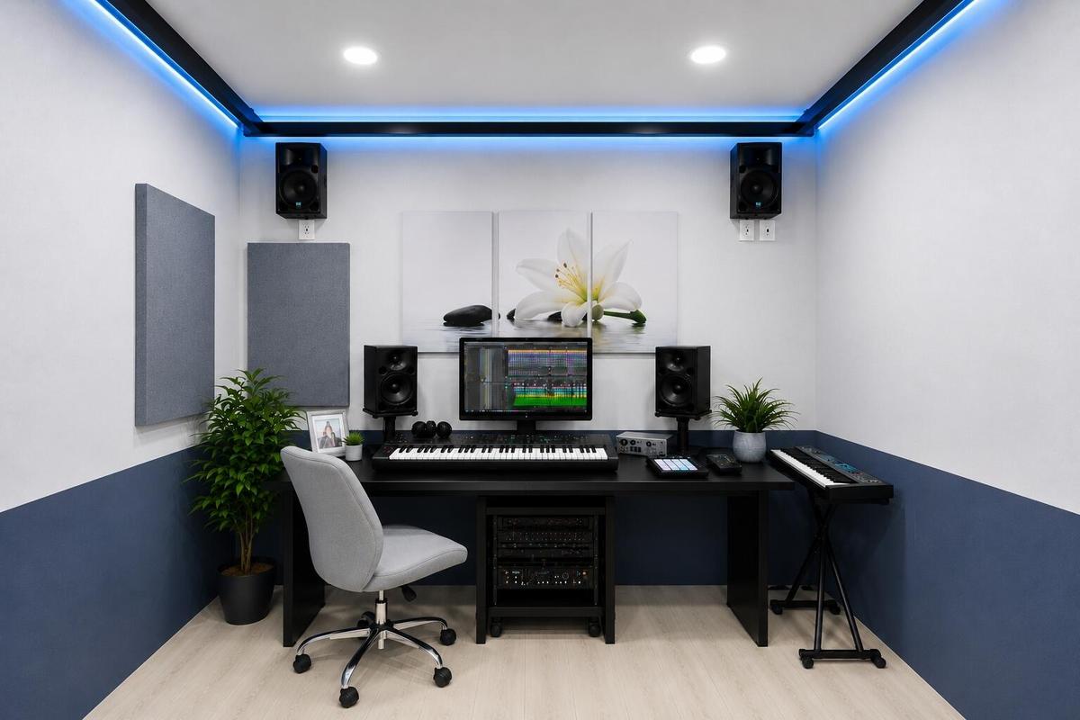 Professional Music Studio. All walls wrapped in custom acoustic panels. Acousitcal drop ceiling. Designed specifically for. optimal sound in this part