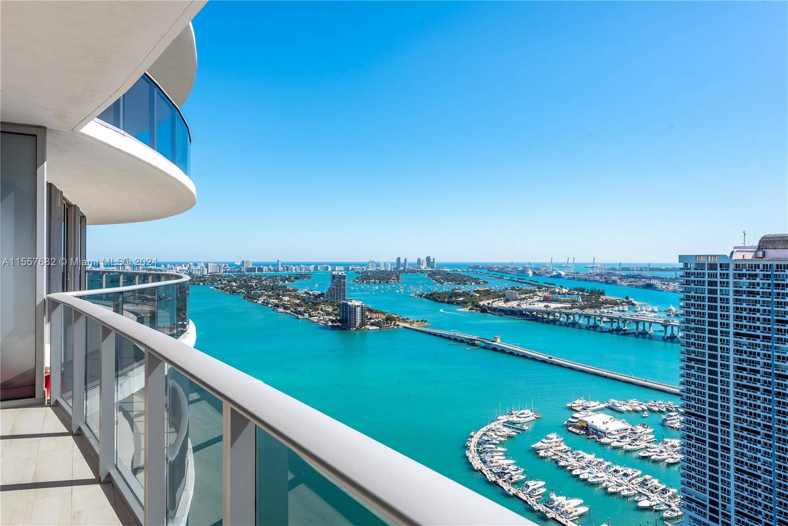 Breathtaking water views of Venetian Causeway and Miami Beach Skyline.