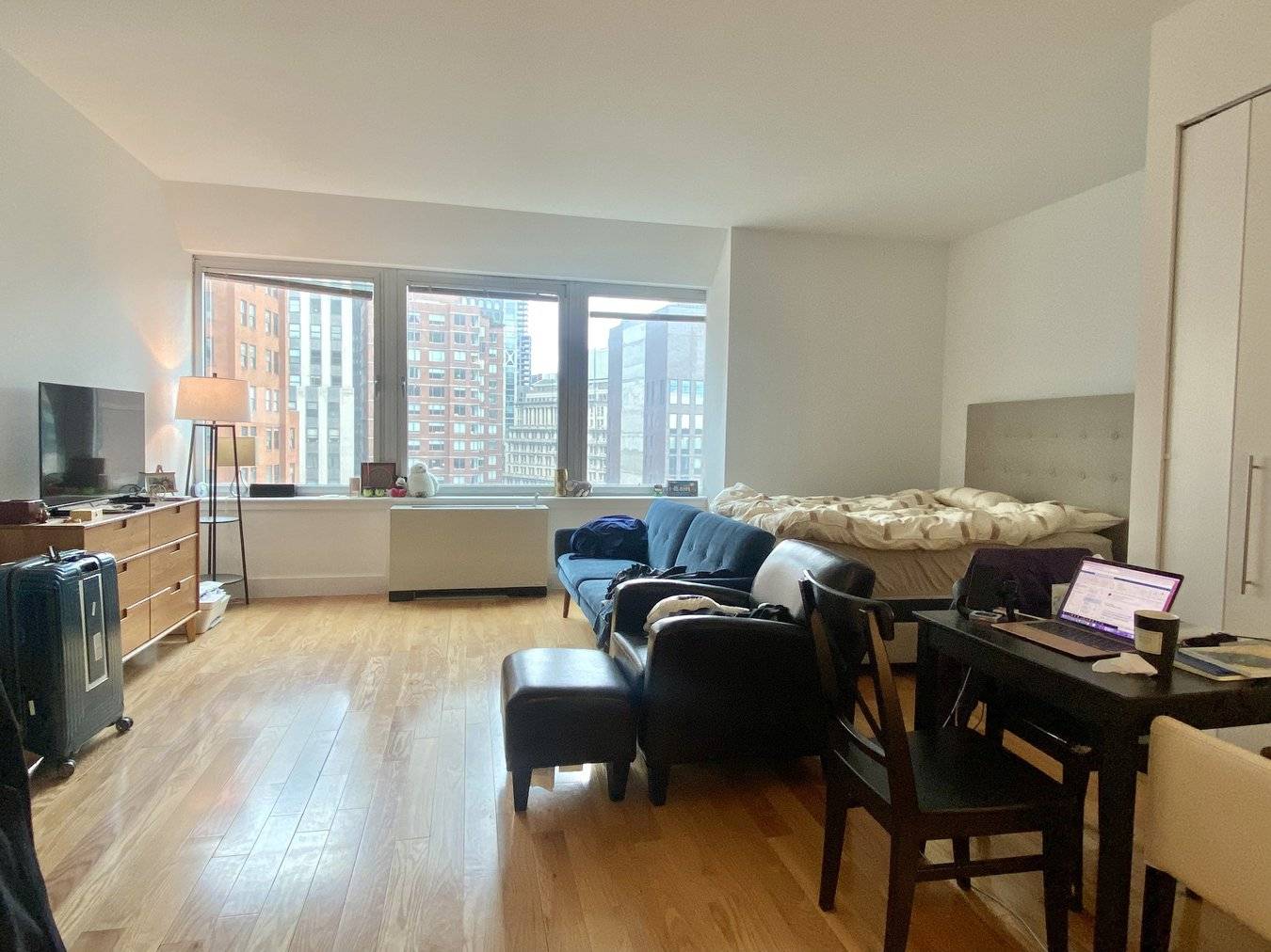 Large Alcove studio with a view of Downtown Midtown Manhattan.