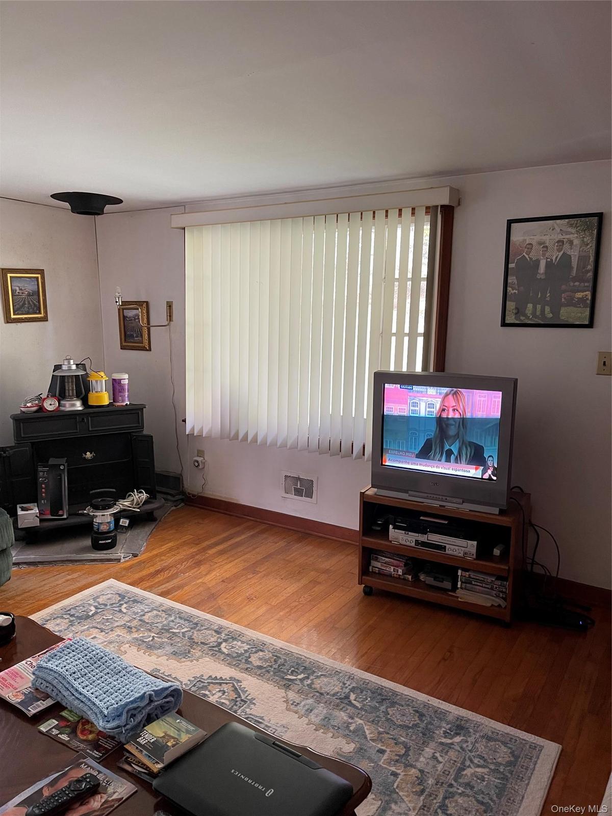Hardwood-style flooring throughout, complemented by a large window with vertical blinds