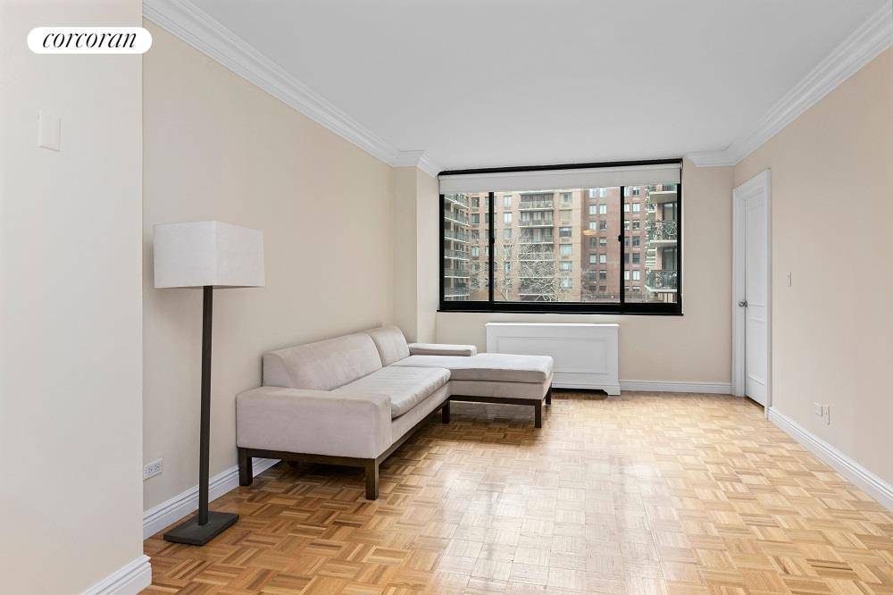 This north facing 1BR 1. 5 BA unit features a generously proportioned living space.