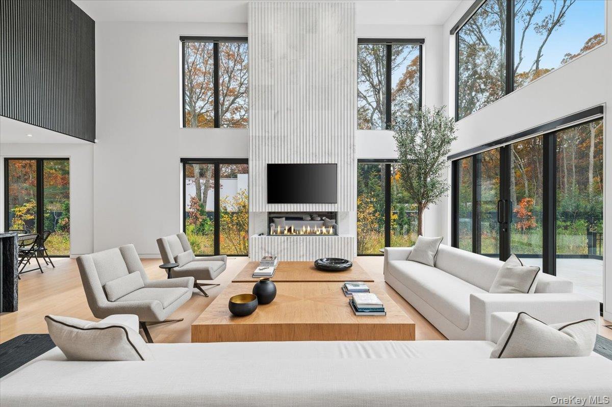 Living room featuring a towering ceiling, wood finished floors, and a fireplace