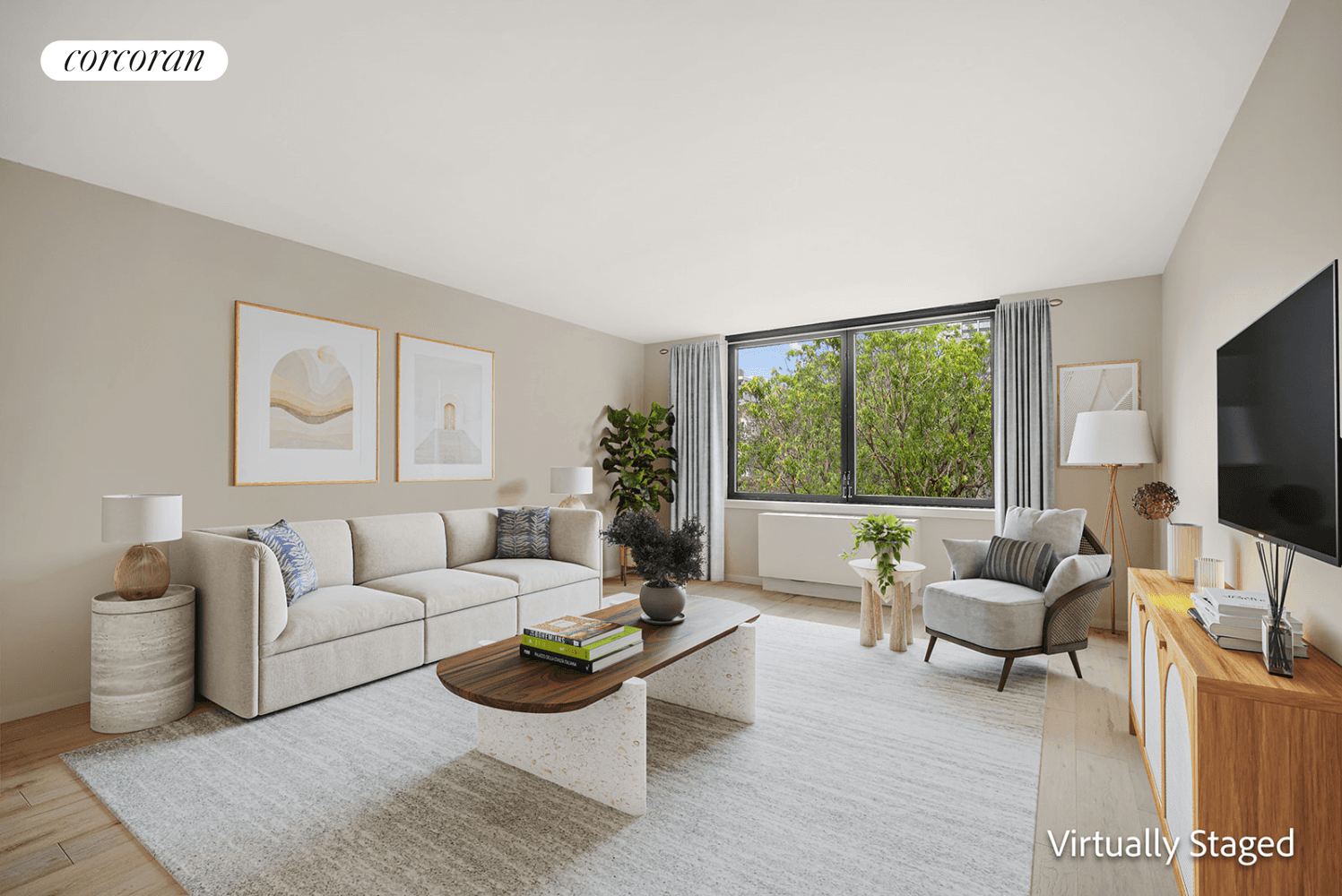 Experience the luxury of being the first to reside in this newly renovated apartment, featuring a serene, leafy view in a recently transformed condominium just one block from Central Park.